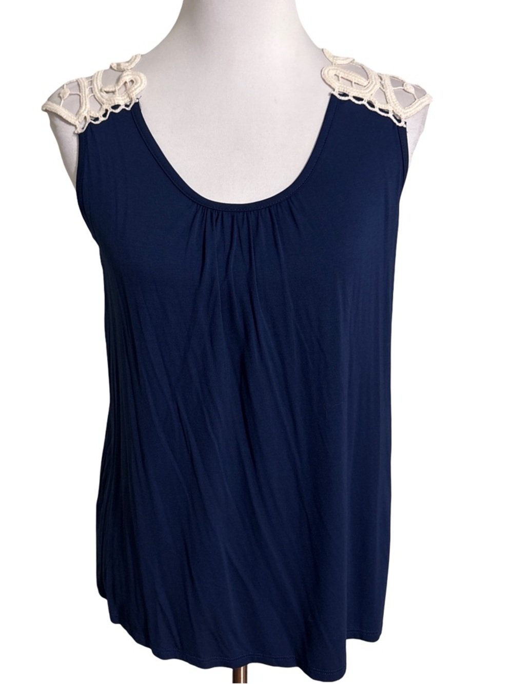 Brooklyn Cloth Navy Sleeveless Top Cream Crochet Shoulders